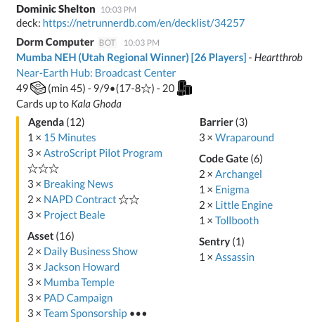 Decklist being displayed on Slack